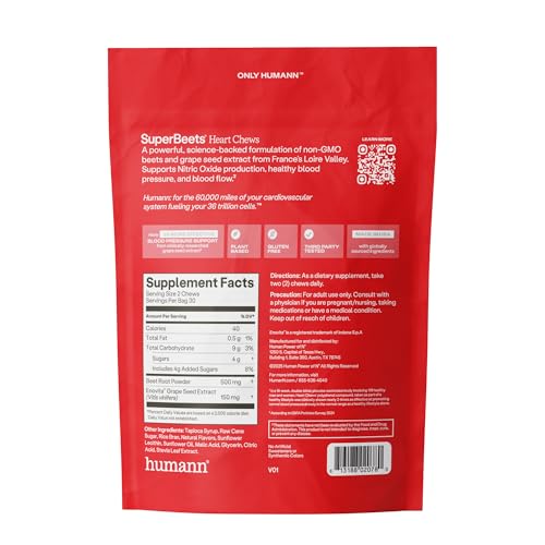 Humann SuperBeets Heart Chews, Nitric Oxide and Blood Pressure Support, Grape Seed Extract & Non-GMO Beet Root Powder Energy, Pomegranate Berry Flavor, 120 Count