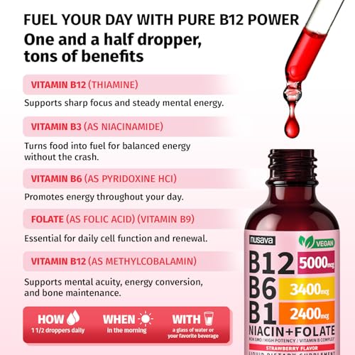 (2 Pack) Vitamin B12 and B6 Liquid Drops, B12 Sublingual Vitamin B Complex - B 12 Vitamin 5000mcg - B12 Methylcobalamin for Energy, Brain, and Heart Support with 27,200 mcg, Raspberry, 80 Servings