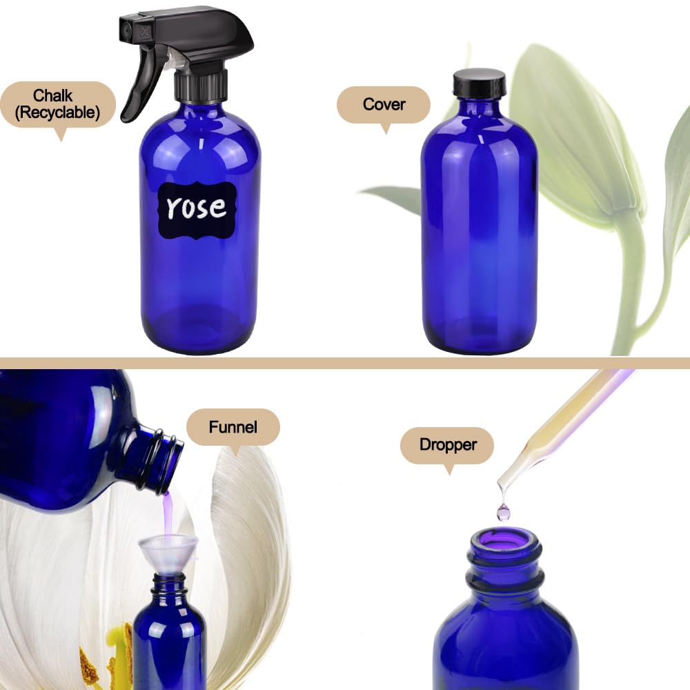 Glass Spray Bottle Kit×10 (2×16oz, 2×4oz, 6×2oz), 9×10ml Roller Bottles, Anti UV, Multi Size and Versatile, Suitable for Aromatherapy, Facial Moisturizing, Watering, etc.(Amber)