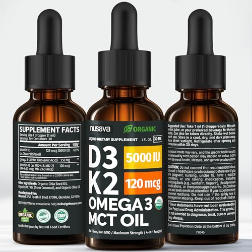(2 Pack) Organic Vitamin D3 K2 Drops with MCT Oil Omega 3, 5000 IU, Maximum Strength Vitamin D Liquid, No Fillers, Non-GMO Liquid D3 for Faster Absorption and Immune Support (Unflavored, 2 Fl Oz)