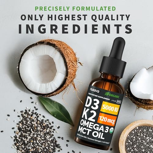 (2 Pack) Organic Vitamin D3 K2 Drops with MCT Oil Omega 3, 5000 IU, Maximum Strength Vitamin D Liquid, No Fillers, Non-GMO Liquid D3 for Faster Absorption and Immune Support (Unflavored, 2 Fl Oz)