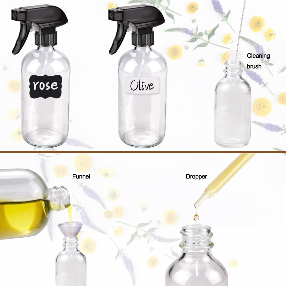 Glass Spray Bottle Kit×10 (2×16oz, 2×4oz, 6×2oz), 9×10ml Roller Bottles, Anti UV, Multi Size and Versatile, Suitable for Aromatherapy, Facial Moisturizing, Watering, etc.(Amber)