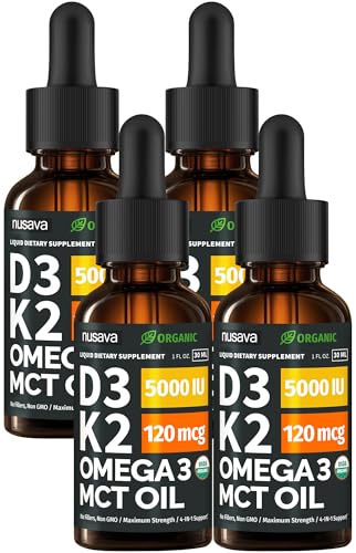 (2 Pack) Organic Vitamin D3 K2 Drops with MCT Oil Omega 3, 5000 IU, Maximum Strength Vitamin D Liquid, No Fillers, Non-GMO Liquid D3 for Faster Absorption and Immune Support (Unflavored, 2 Fl Oz)