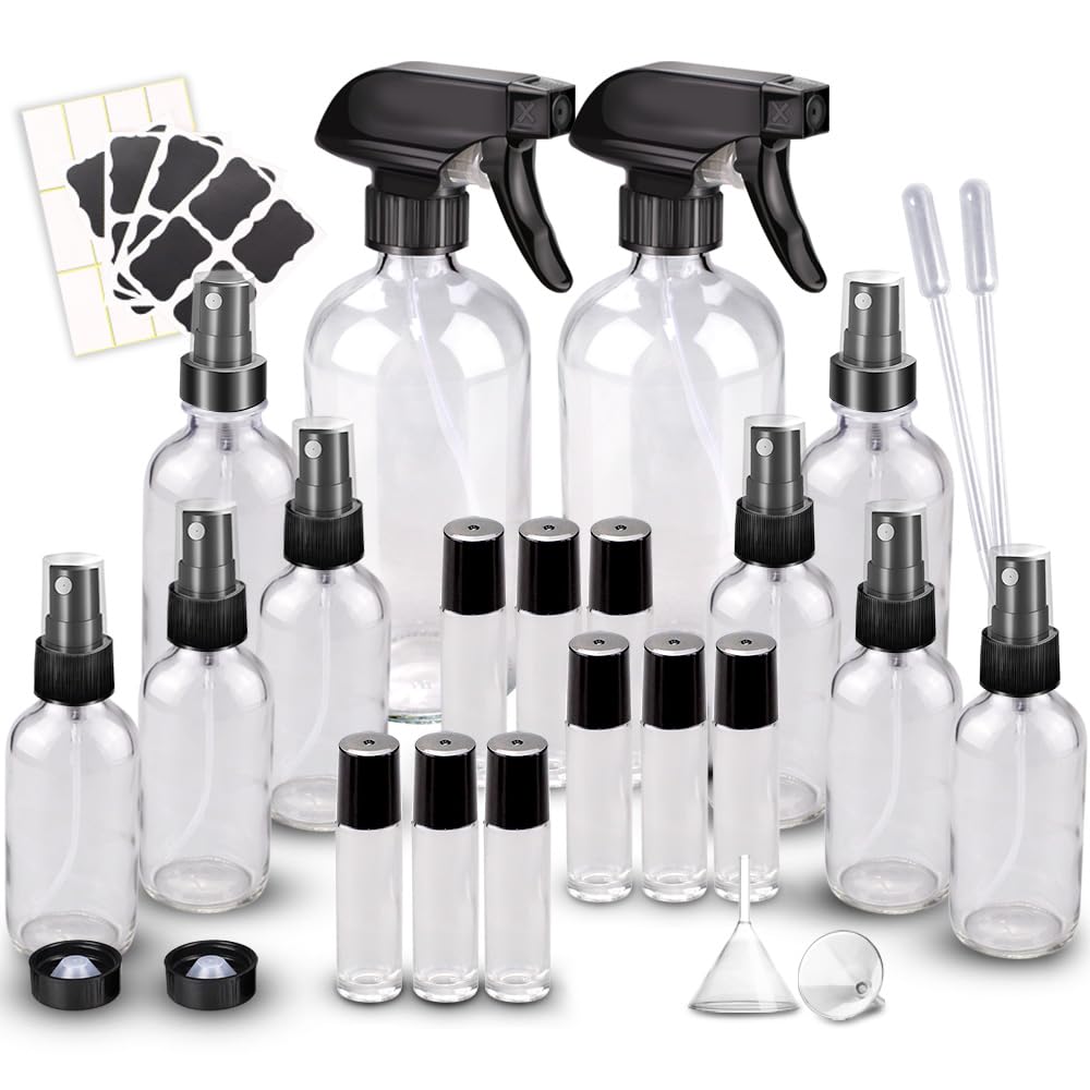 Glass Spray Bottle Kit×10 (2×16oz, 2×4oz, 6×2oz), 9×10ml Roller Bottles, Anti UV, Multi Size and Versatile, Suitable for Aromatherapy, Facial Moisturizing, Watering, etc.(Amber)
