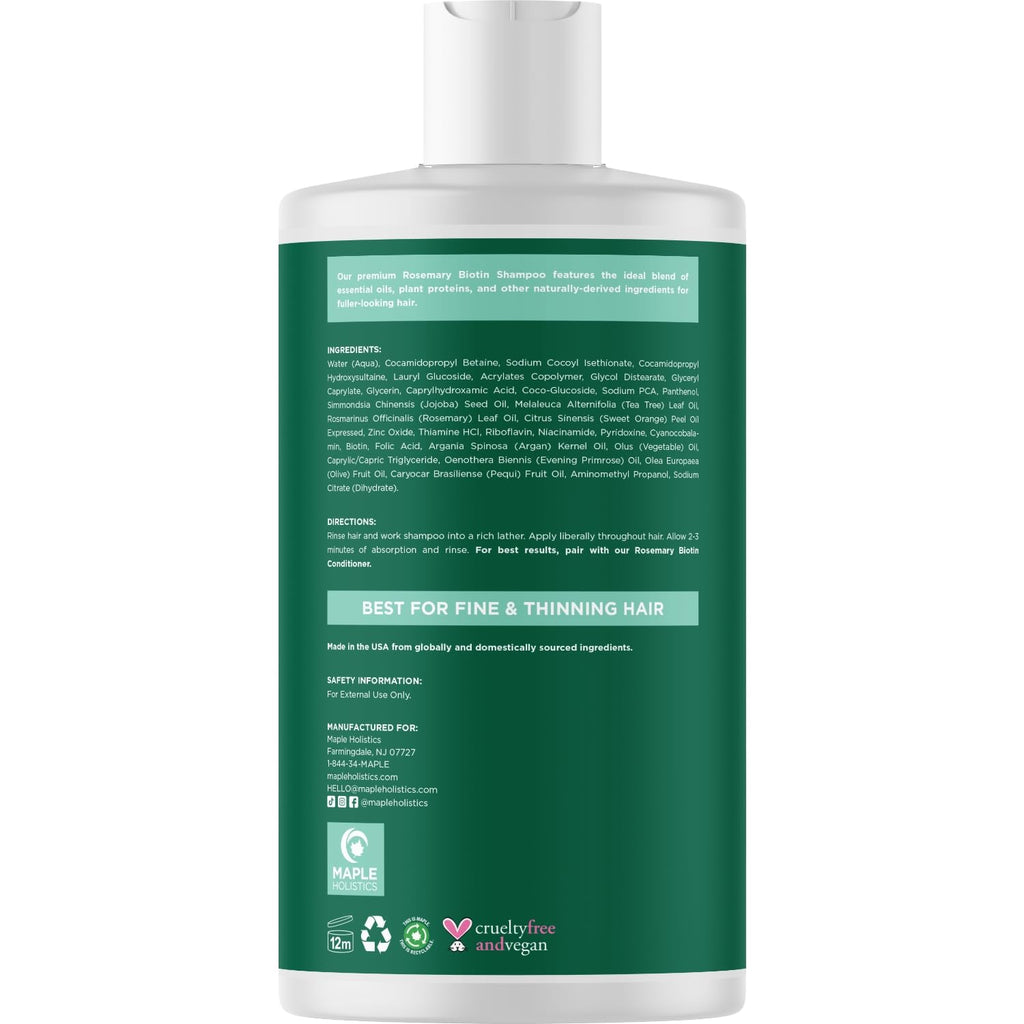 Rosemary and Biotin Shampoo for Thinning Hair - Vegan Volumizing Shampoo for Fine Hair with B Vitamins Argan Oil & Tea Tree Essential Oil - Paraben Silicone and Sulfate Free Vegan Formula (8 Fl Oz)