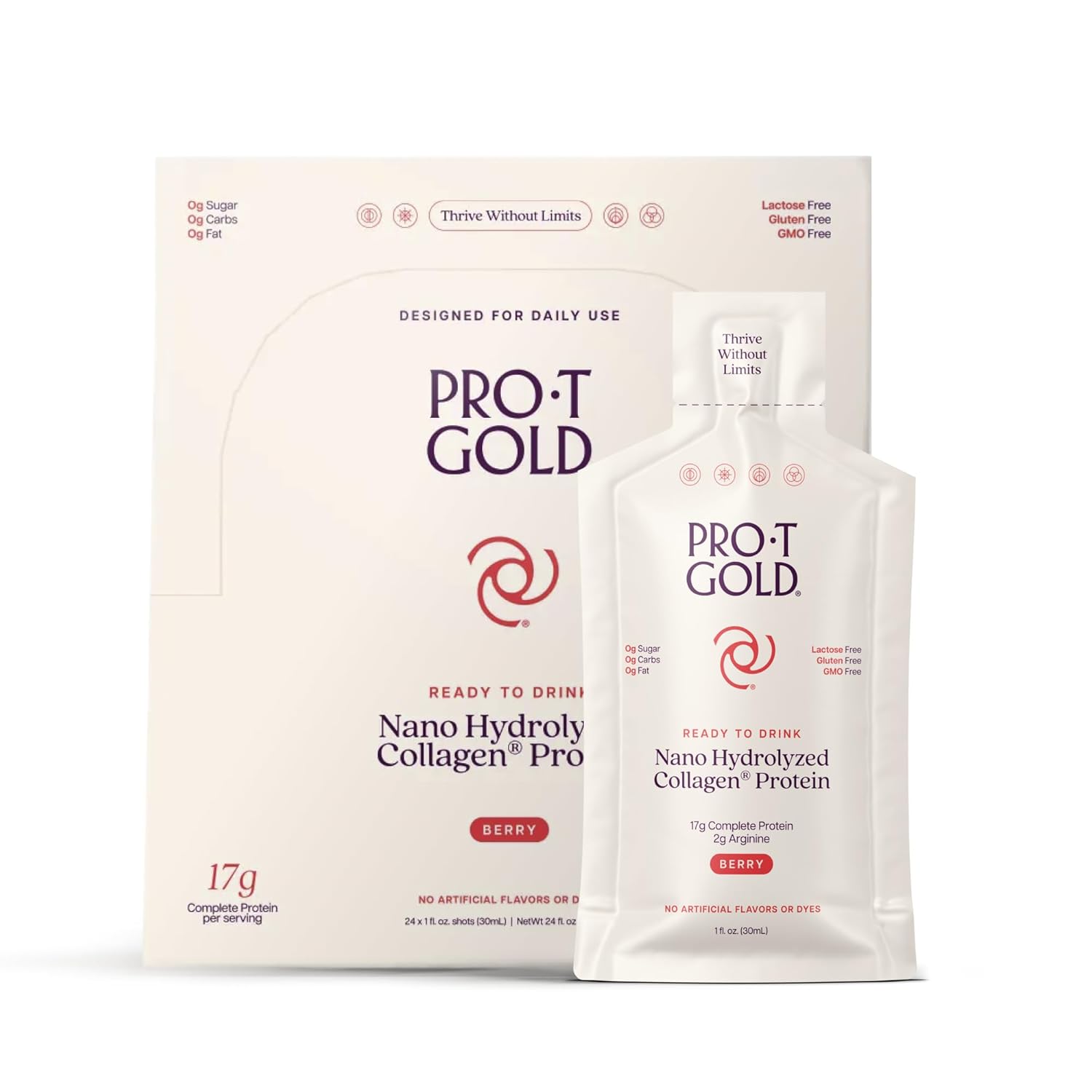 ProT Gold Liquid Collagen Protein Shot, 17g Clear Protein Nano-Hydrolyzed Grass Fed Collagen, 2g Arginine for Wound Support, Gluten Free, Sugar Free, 0g Carbs, Non GMO, Berry, 30 fl oz Bottle