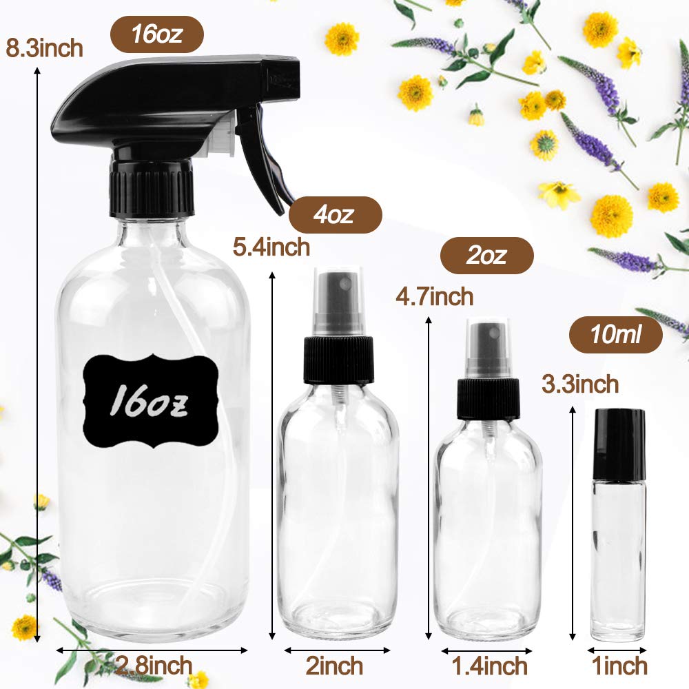 Glass Spray Bottle Kit×10 (2×16oz, 2×4oz, 6×2oz), 9×10ml Roller Bottles, Anti UV, Multi Size and Versatile, Suitable for Aromatherapy, Facial Moisturizing, Watering, etc.(Amber)