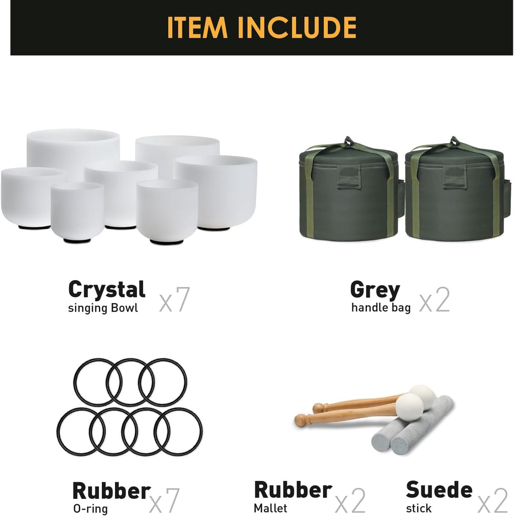 432HZ 6-12 Inch Crystal Singing Bowl Set of 7 with 2 Pcs Green Heavy Carrying Case bag, Frosted Quartz Crystal Sound Healing bowls for Chakra, Meditation, Sound Therapy