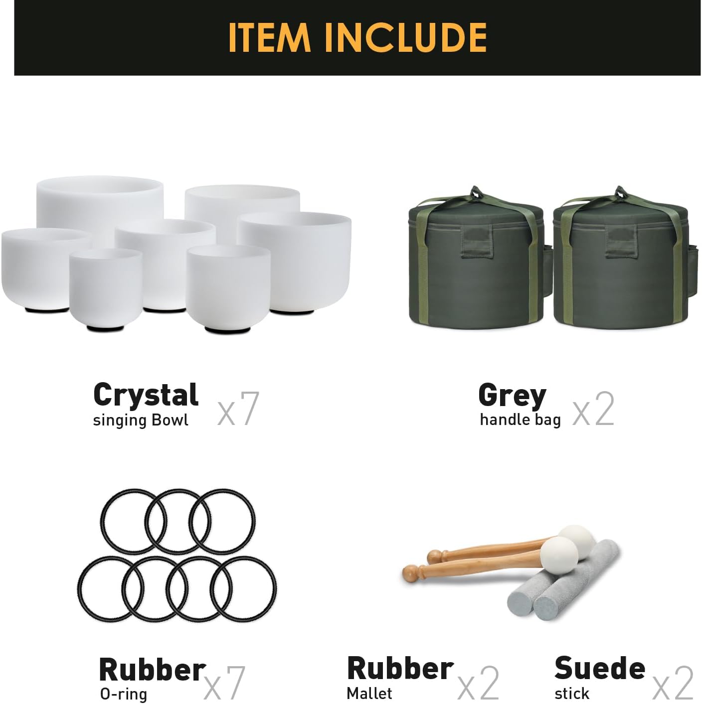 432HZ 6-12 Inch Crystal Singing Bowl Set of 7 with 2 Pcs Green Heavy Carrying Case bag, Frosted Quartz Crystal Sound Healing bowls for Chakra, Meditation, Sound Therapy