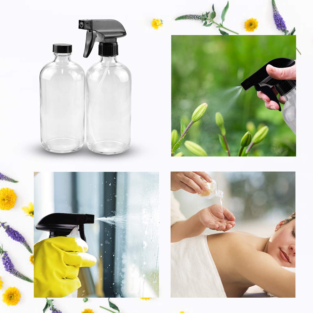 Glass Spray Bottle Kit×10 (2×16oz, 2×4oz, 6×2oz), 9×10ml Roller Bottles, Anti UV, Multi Size and Versatile, Suitable for Aromatherapy, Facial Moisturizing, Watering, etc.(Amber)