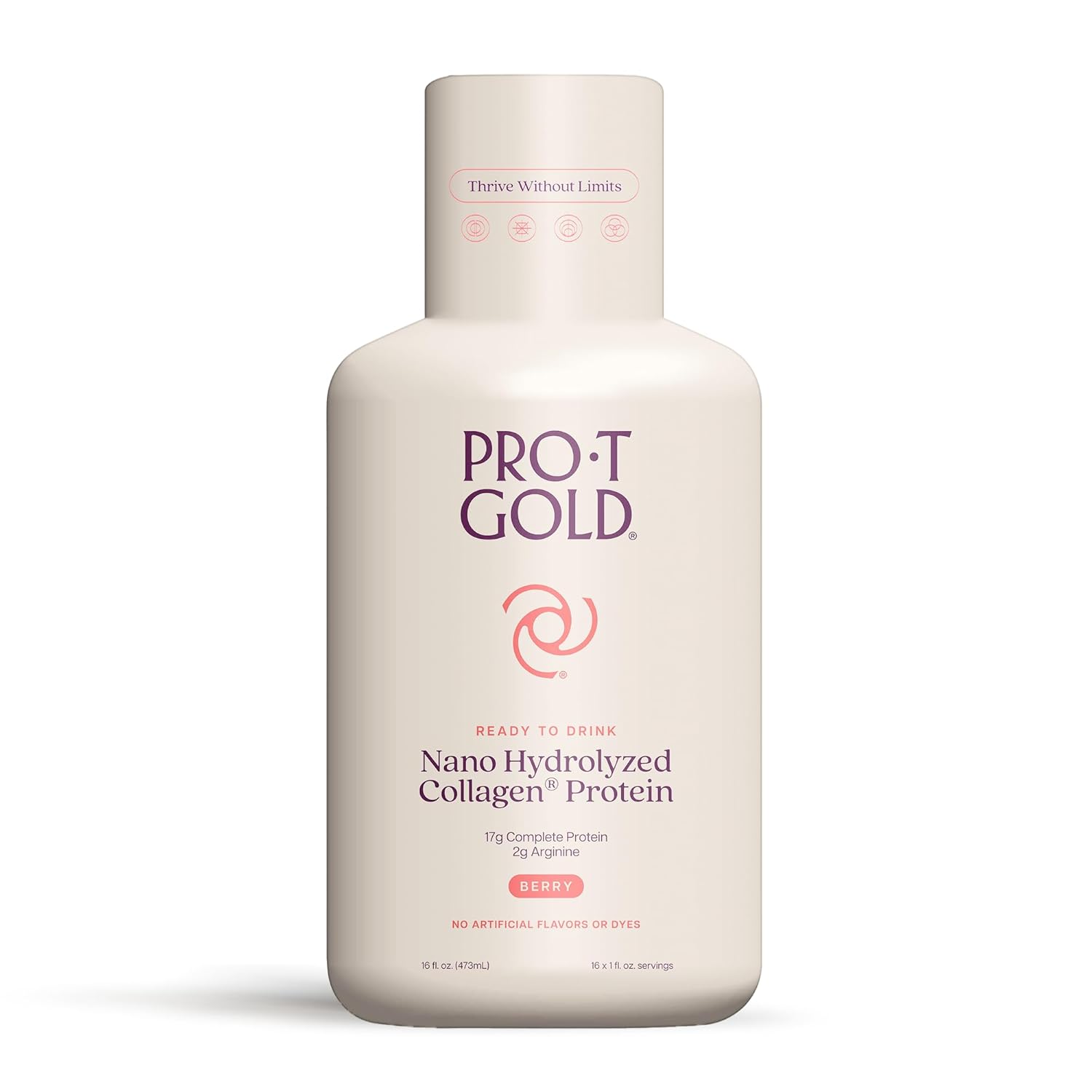 ProT Gold Liquid Collagen Protein Shot, 17g Clear Protein Nano-Hydrolyzed Grass Fed Collagen, 2g Arginine for Wound Support, Gluten Free, Sugar Free, 0g Carbs, Non GMO, Berry, 30 fl oz Bottle