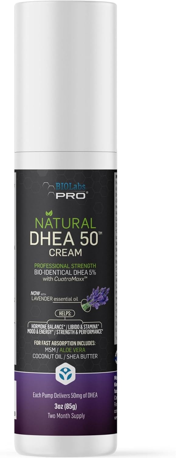 DHEA Cream 50mg for Women and Men, Maximum Strength Natural DHEA Cosmetic Formulation for Skin Hydration Balance, Pure, Non-GMO, Gluten-Free, Paraben-Free, Skin Cream 2-Month Supply (Unscented - 3oz)