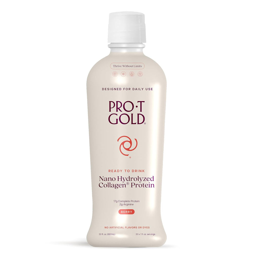 ProT Gold Liquid Collagen Protein Shot, 17g Clear Protein Nano-Hydrolyzed Grass Fed Collagen, 2g Arginine for Wound Support, Gluten Free, Sugar Free, 0g Carbs, Non GMO, Berry, 30 fl oz Bottle