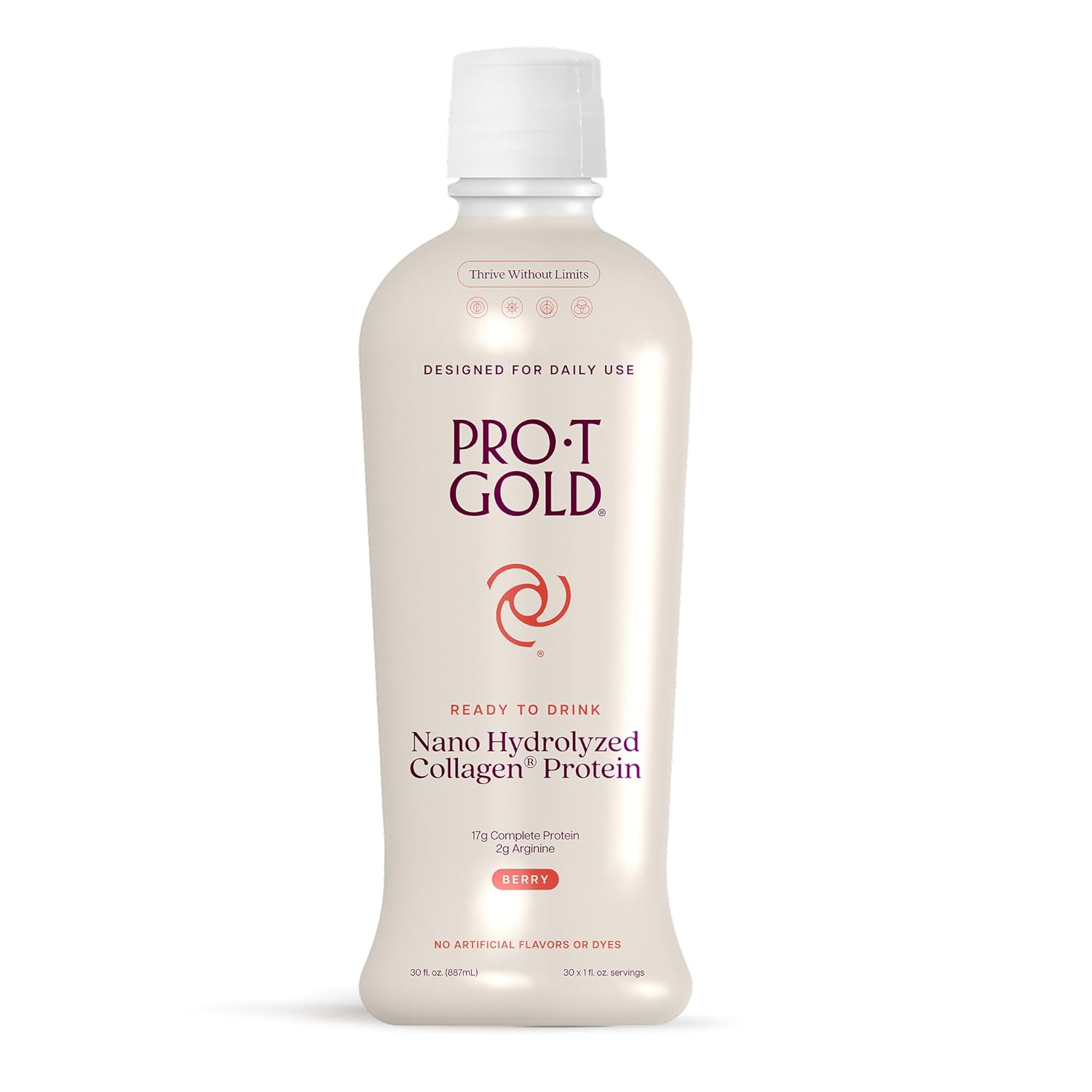 ProT Gold Liquid Collagen Protein Shot, 17g Clear Protein Nano-Hydrolyzed Grass Fed Collagen, 2g Arginine for Wound Support, Gluten Free, Sugar Free, 0g Carbs, Non GMO, Berry, 30 fl oz Bottle