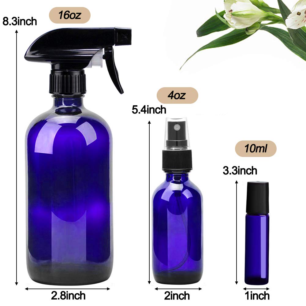 Glass Spray Bottle Kit×10 (2×16oz, 2×4oz, 6×2oz), 9×10ml Roller Bottles, Anti UV, Multi Size and Versatile, Suitable for Aromatherapy, Facial Moisturizing, Watering, etc.(Amber)