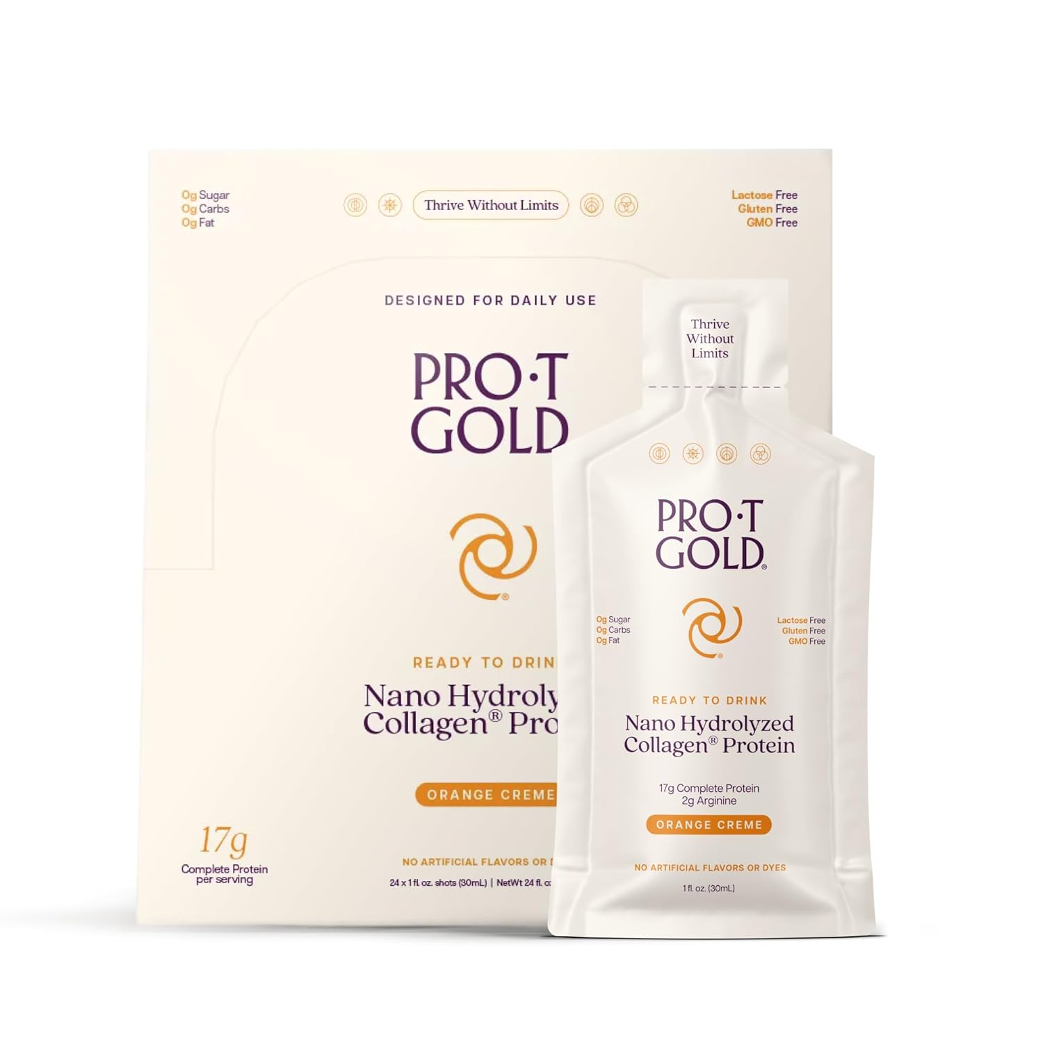 ProT Gold Liquid Collagen Protein Shot, 17g Clear Protein Nano-Hydrolyzed Grass Fed Collagen, 2g Arginine for Wound Support, Gluten Free, Sugar Free, 0g Carbs, Non GMO, Berry, 30 fl oz Bottle