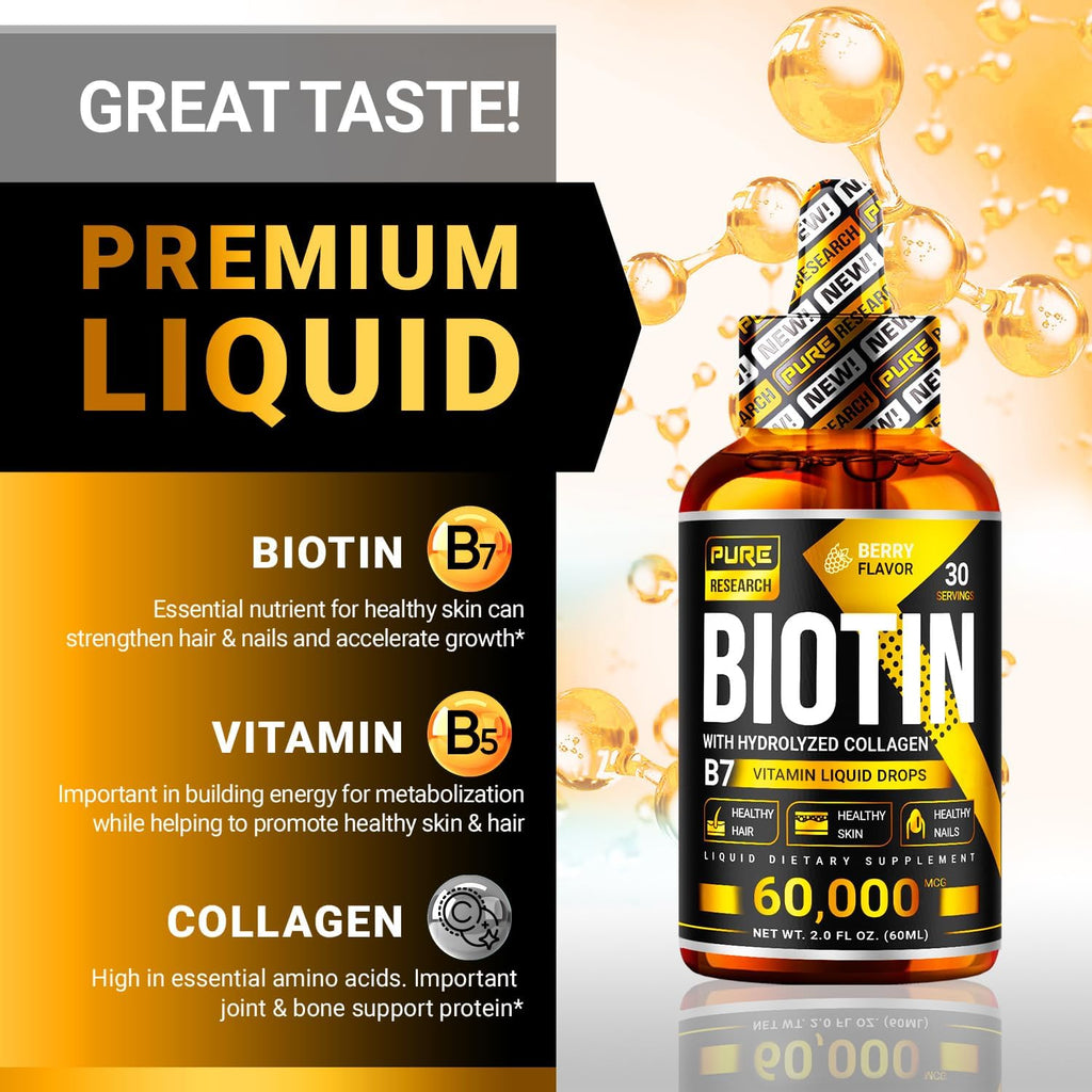 Liquid Biotin & Collagen Hair Growth Drops 60,000mcg - Biotin and Liquid Collagen Supplement for Men & Women - Glowing Skin Support, Healthy Hair & Nail Growth - 2oz