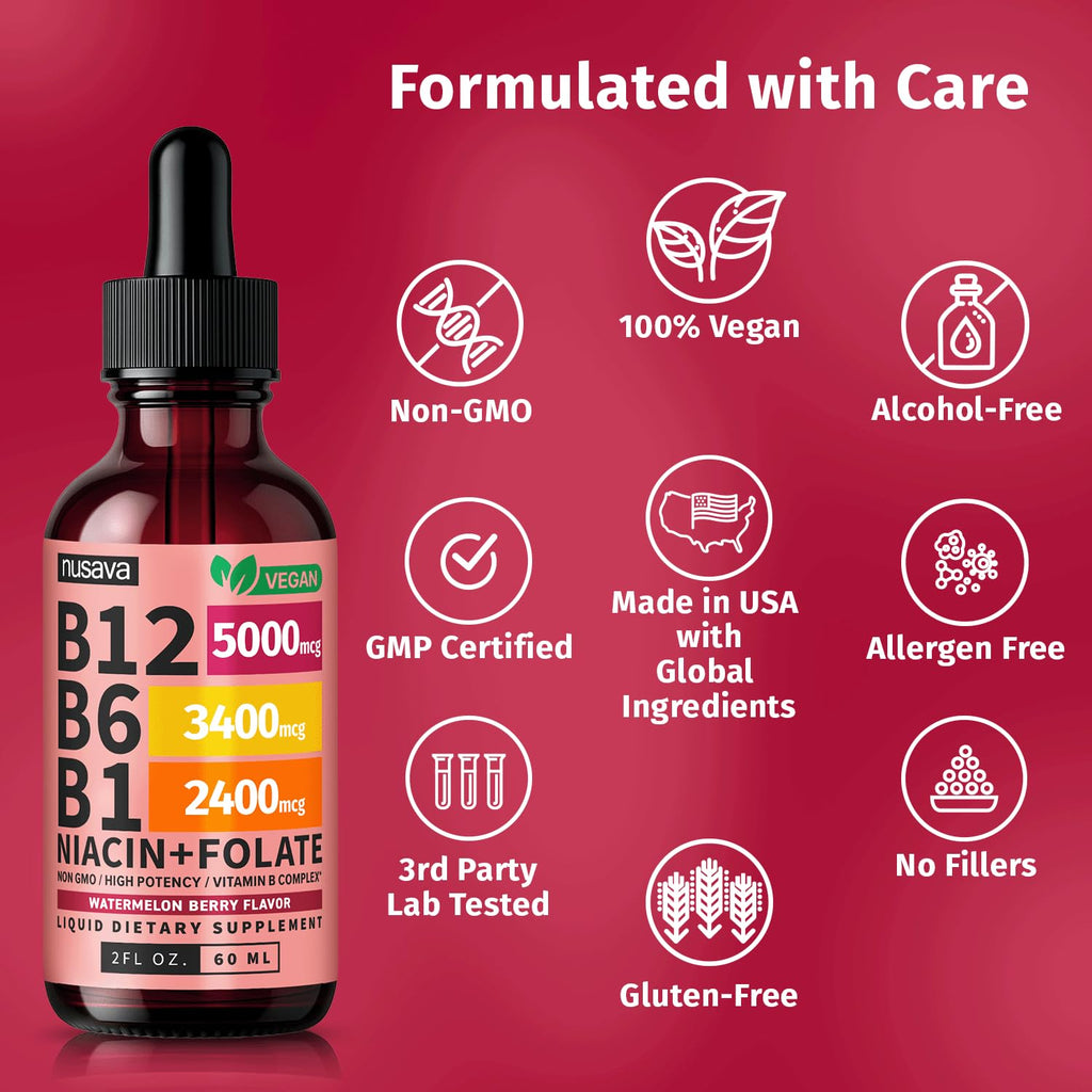 (2 Pack) Vitamin B12 and B6 Liquid Drops, B12 Sublingual Vitamin B Complex - B 12 Vitamin 5000mcg - B12 Methylcobalamin for Energy, Brain, and Heart Support with 27,200 mcg, Raspberry, 80 Servings