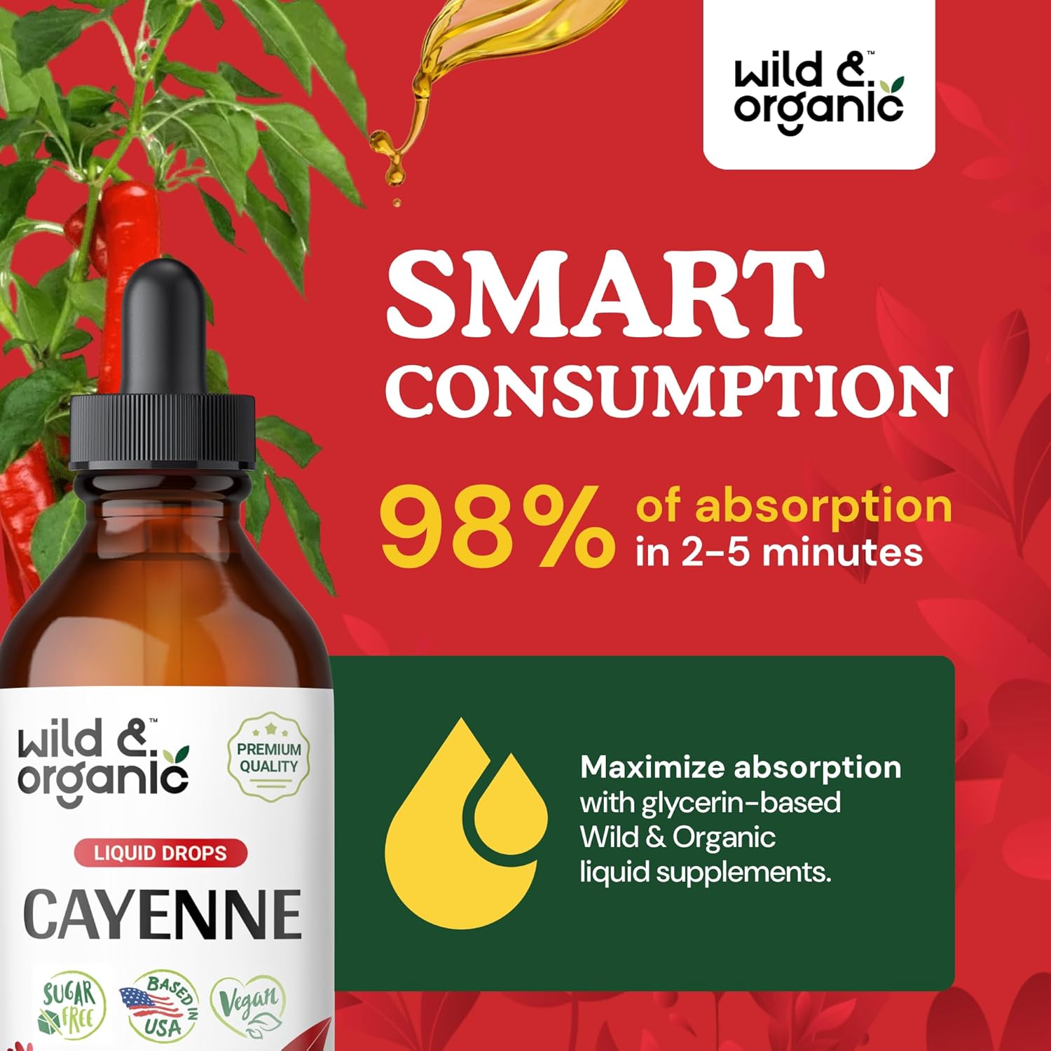 Wild & Organic Cayenne Pepper Tincture - Digestive Support with Capsaicin Extract - Cayenne Pepper Liquid Drops for Overall Well-Being - Vegan, Sugar & Alcohol-Free - 4 fl oz