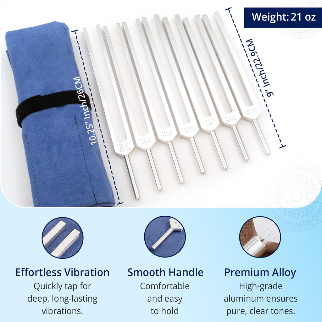 Solfeggio Tuning Forks Set for Healing – 9 Chakra Frequencies 174Hz to 963Hz | Precision-Machined Aluminum Alloy | Made in USA | Chakra Healing, Sound Therapy, Reiki, Yoga, Energy Balancing Tools.