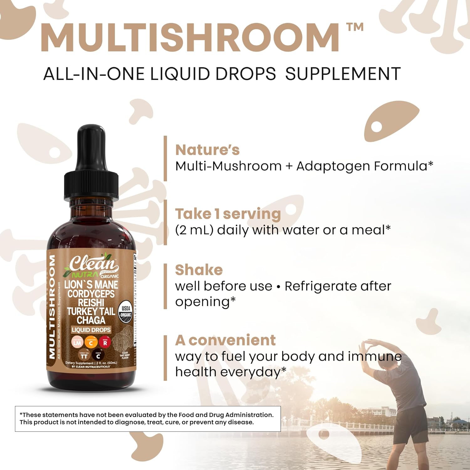 Organic Lions Mane Mushroom Supplement Liquid Drops + Turkey Tail Cordyceps Reishi Chaga Shitake Maitake Tremella Oyster Mushrooms Poria and Enokitake Complex Blend by Clean Nutra