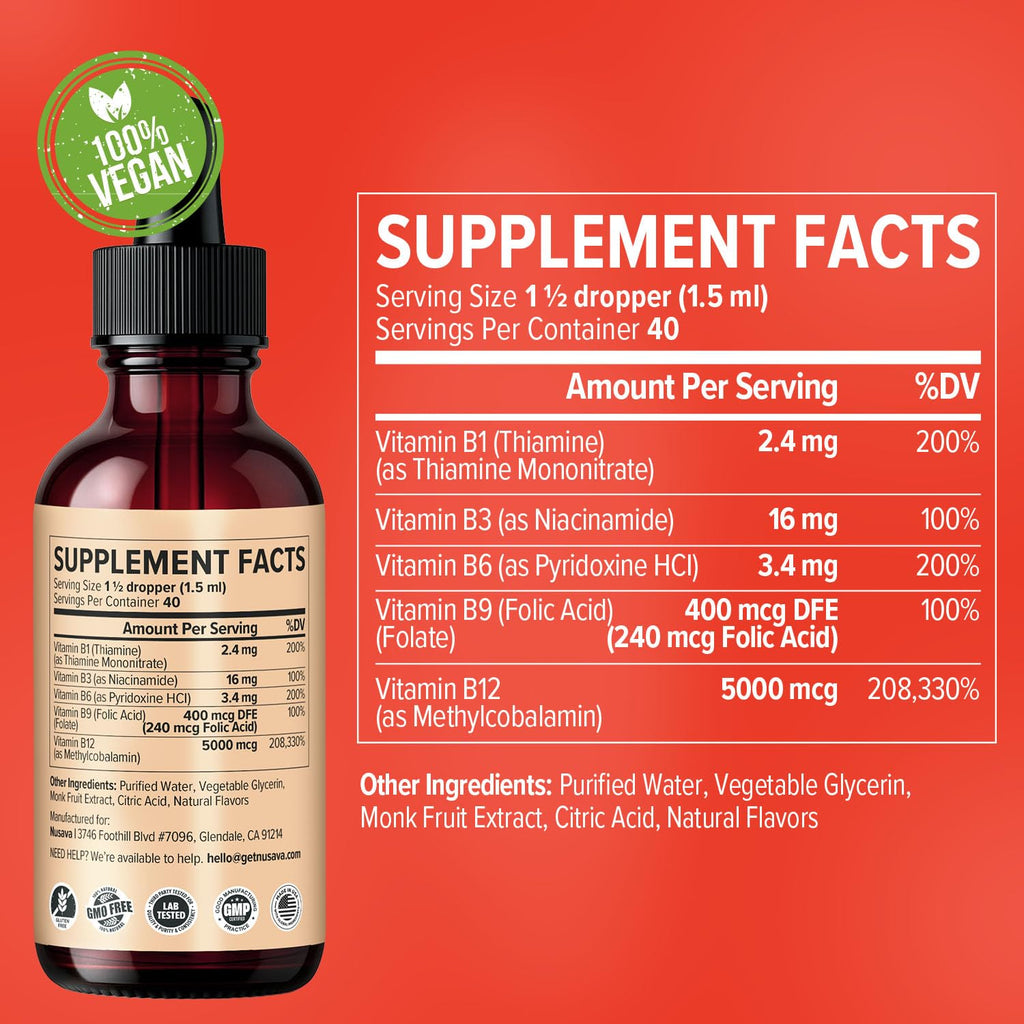(2 Pack) Vitamin B12 and B6 Liquid Drops, B12 Sublingual Vitamin B Complex - B 12 Vitamin 5000mcg - B12 Methylcobalamin for Energy, Brain, and Heart Support with 27,200 mcg, Raspberry, 80 Servings