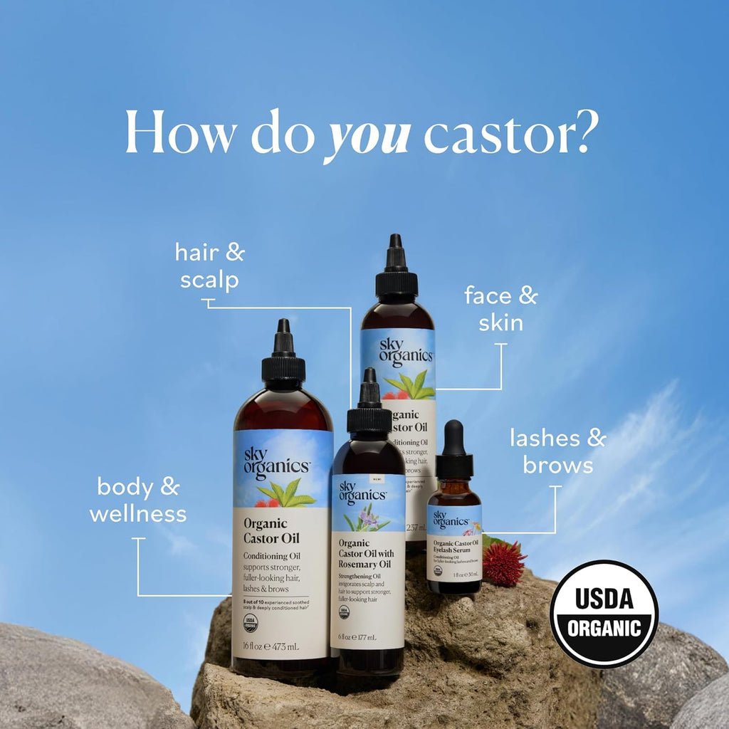 Sky Organics Castor Oil - USDA Certified Organic Hair Oil for Hair Growth, Skin, Face, Eyelashes - Cold Pressed & Hexane Free - Pure Organic Castor Oil Pack Wrap - Carrier & Hair Treatment Oil -16oz