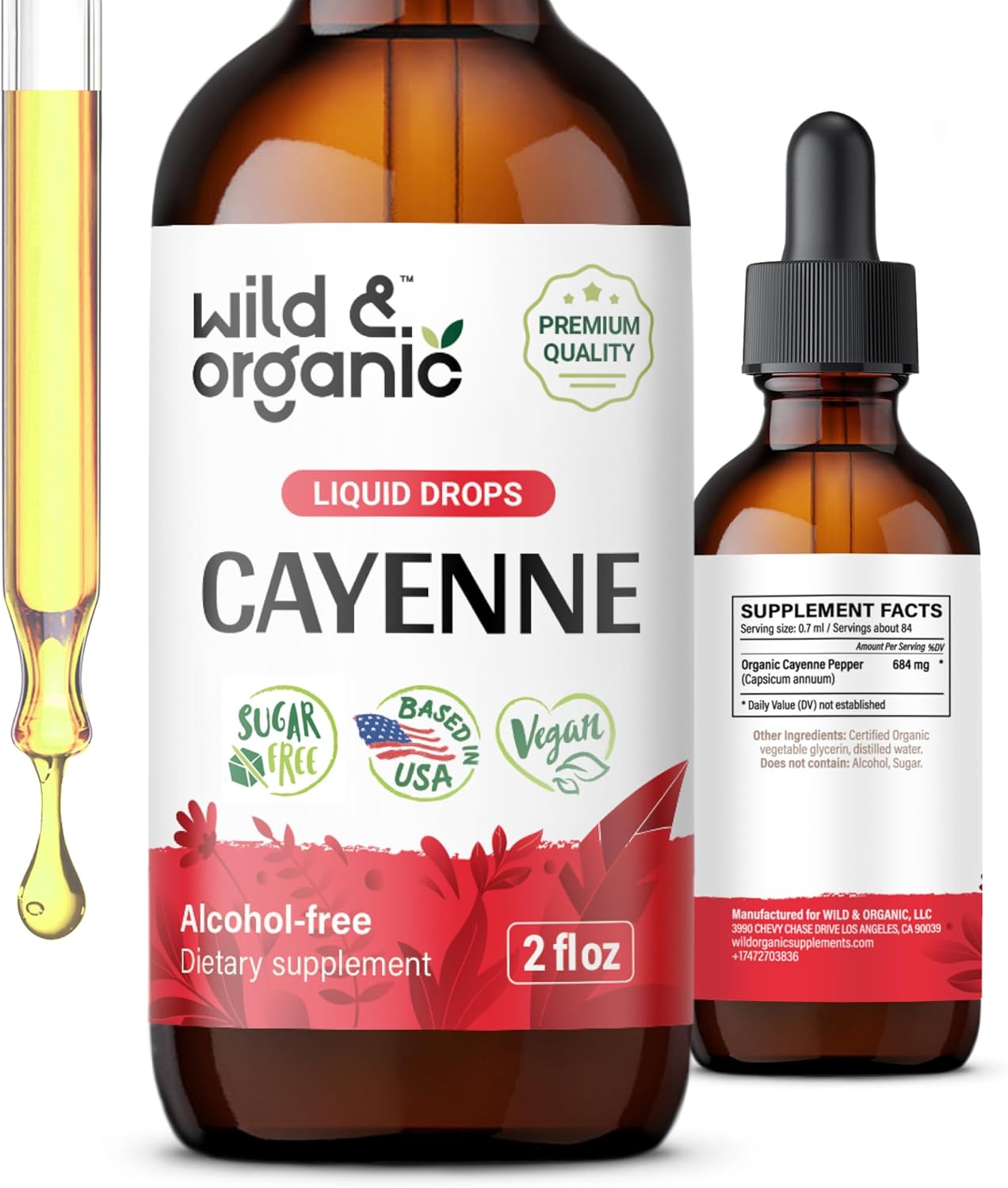 Wild & Organic Cayenne Pepper Tincture - Digestive Support with Capsaicin Extract - Cayenne Pepper Liquid Drops for Overall Well-Being - Vegan, Sugar & Alcohol-Free - 4 fl oz