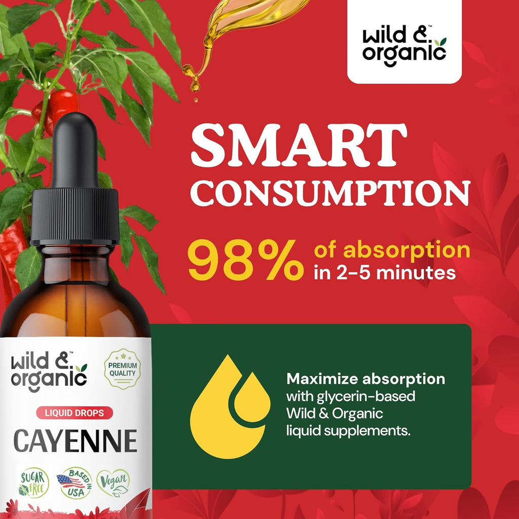 Wild & Organic Cayenne Pepper Tincture - Digestive Support with Capsaicin Extract - Cayenne Pepper Liquid Drops for Overall Well-Being - Vegan, Sugar & Alcohol-Free - 4 fl oz