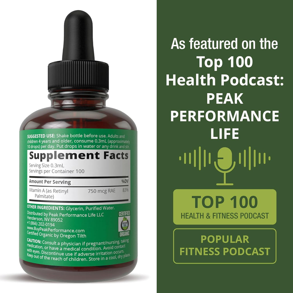 USDA Organic Vitamin A Liquid Drops Supplement. Vegan High Bioavailability For Eye, Skin, and Bone Health. For Adults, Men, Women, Kids. Organic Vit A Oil Retinyl Palmitate. Gluten Free, Zero Sugar