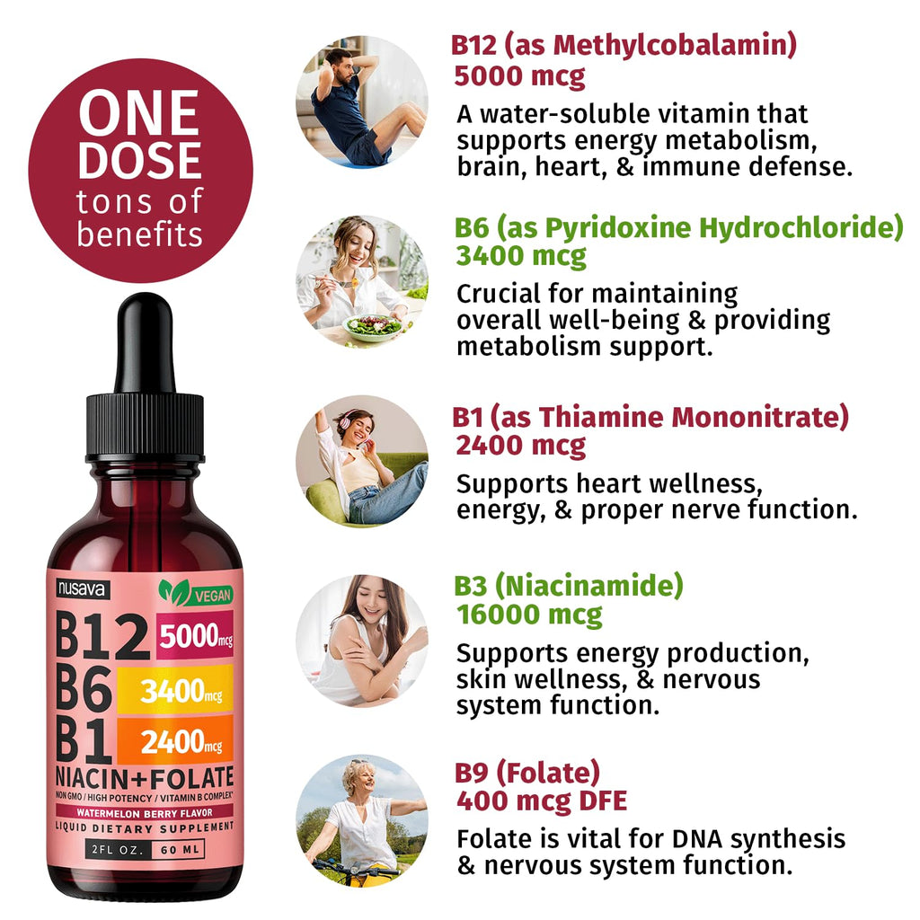 (2 Pack) Vitamin B12 and B6 Liquid Drops, B12 Sublingual Vitamin B Complex - B 12 Vitamin 5000mcg - B12 Methylcobalamin for Energy, Brain, and Heart Support with 27,200 mcg, Raspberry, 80 Servings