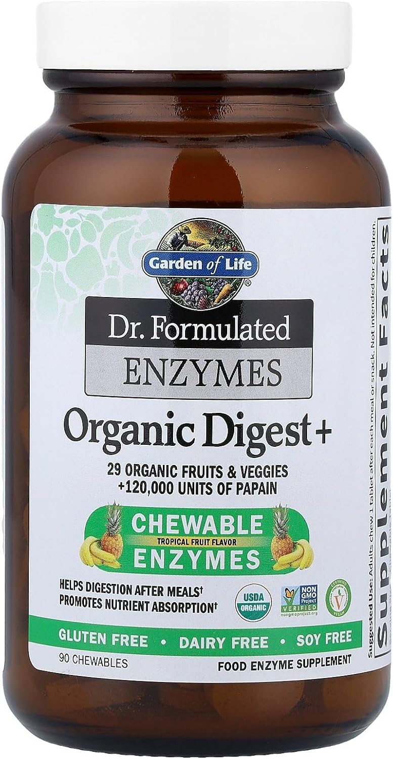 Garden of Life Dr Formulated Digestive Enzymes with Papain, Bromelain, Lipase for Digestion & Nutrient Absorption – Organic Digest+ - Vegan, Gluten-Free, Non-GMO, Tropical Fruit Flavor, 90 Chewables