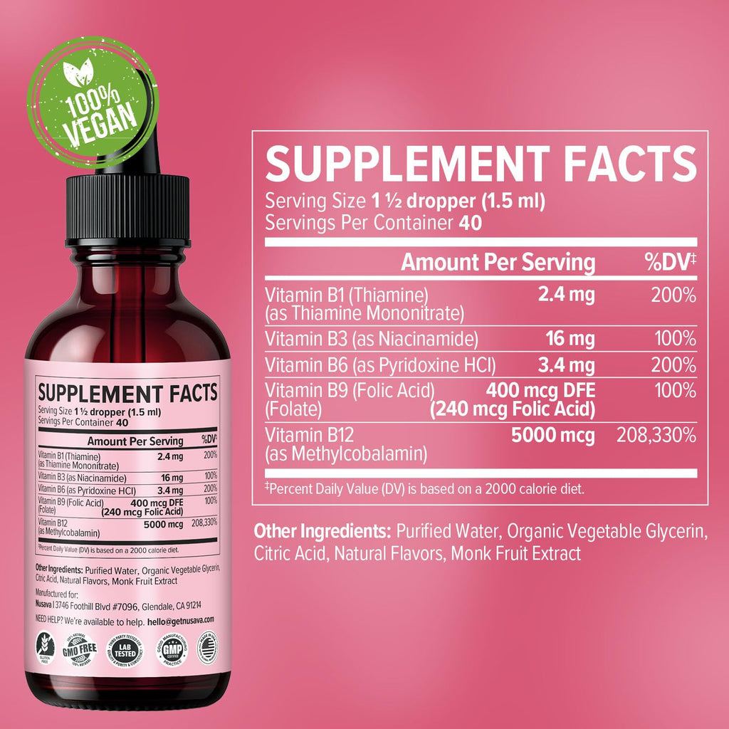 (2 Pack) Vitamin B12 and B6 Liquid Drops, B12 Sublingual Vitamin B Complex - B 12 Vitamin 5000mcg - B12 Methylcobalamin for Energy, Brain, and Heart Support with 27,200 mcg, Raspberry, 80 Servings