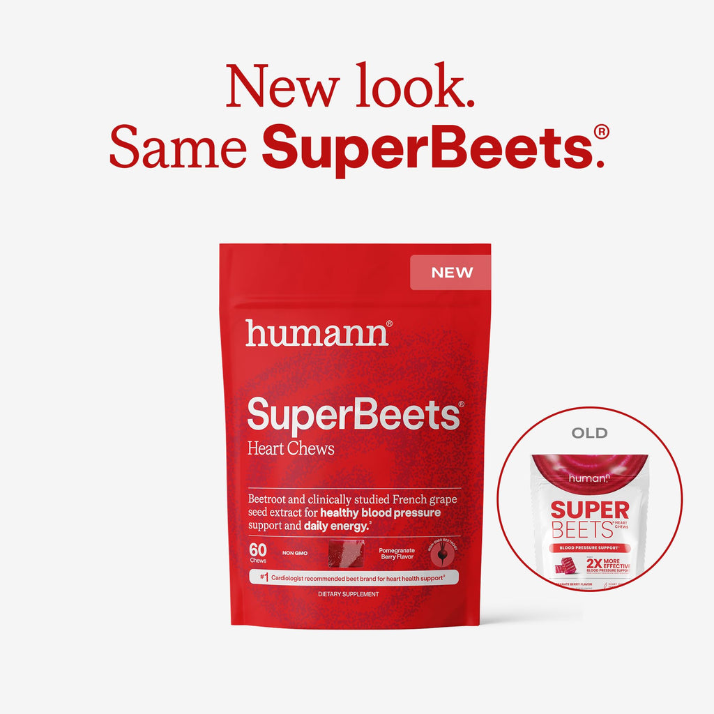 Humann SuperBeets Heart Chews, Nitric Oxide and Blood Pressure Support, Grape Seed Extract & Non-GMO Beet Root Powder Energy, Pomegranate Berry Flavor, 120 Count