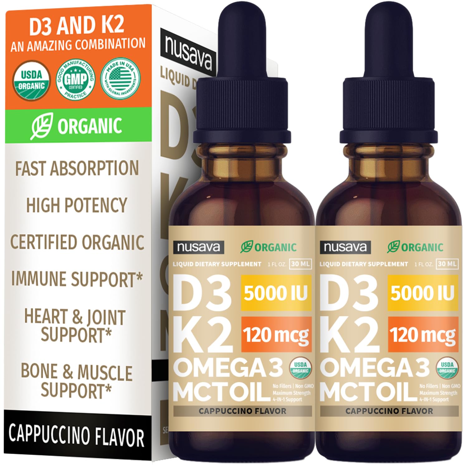 (2 Pack) Organic Vitamin D3 K2 Drops with MCT Oil Omega 3, 5000 IU, Maximum Strength Vitamin D Liquid, No Fillers, Non-GMO Liquid D3 for Faster Absorption and Immune Support (Unflavored, 2 Fl Oz)