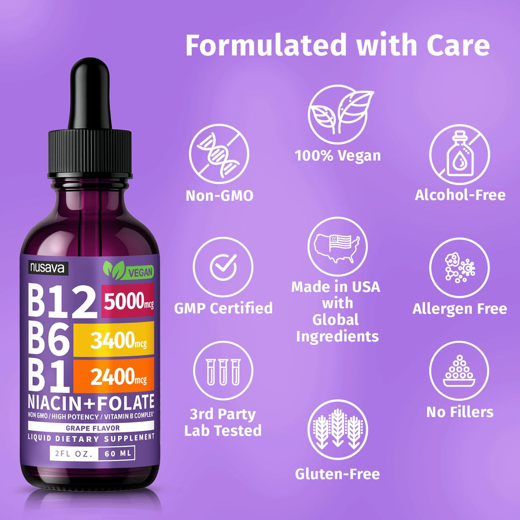 (2 Pack) Vitamin B12 and B6 Liquid Drops, B12 Sublingual Vitamin B Complex - B 12 Vitamin 5000mcg - B12 Methylcobalamin for Energy, Brain, and Heart Support with 27,200 mcg, Raspberry, 80 Servings