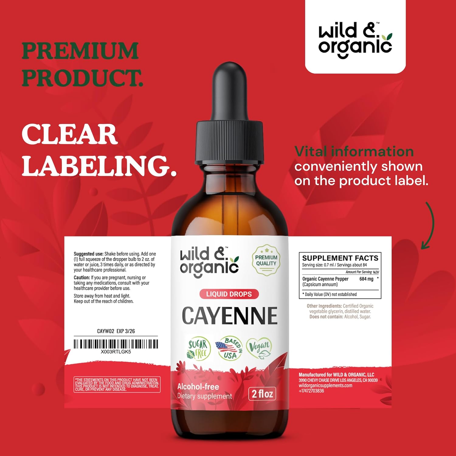 Wild & Organic Cayenne Pepper Tincture - Digestive Support with Capsaicin Extract - Cayenne Pepper Liquid Drops for Overall Well-Being - Vegan, Sugar & Alcohol-Free - 4 fl oz