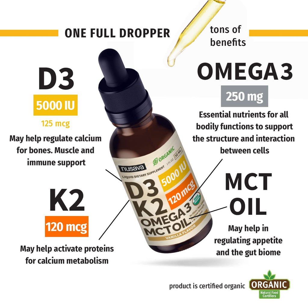 (2 Pack) Organic Vitamin D3 K2 Drops with MCT Oil Omega 3, 5000 IU, Maximum Strength Vitamin D Liquid, No Fillers, Non-GMO Liquid D3 for Faster Absorption and Immune Support (Unflavored, 2 Fl Oz)