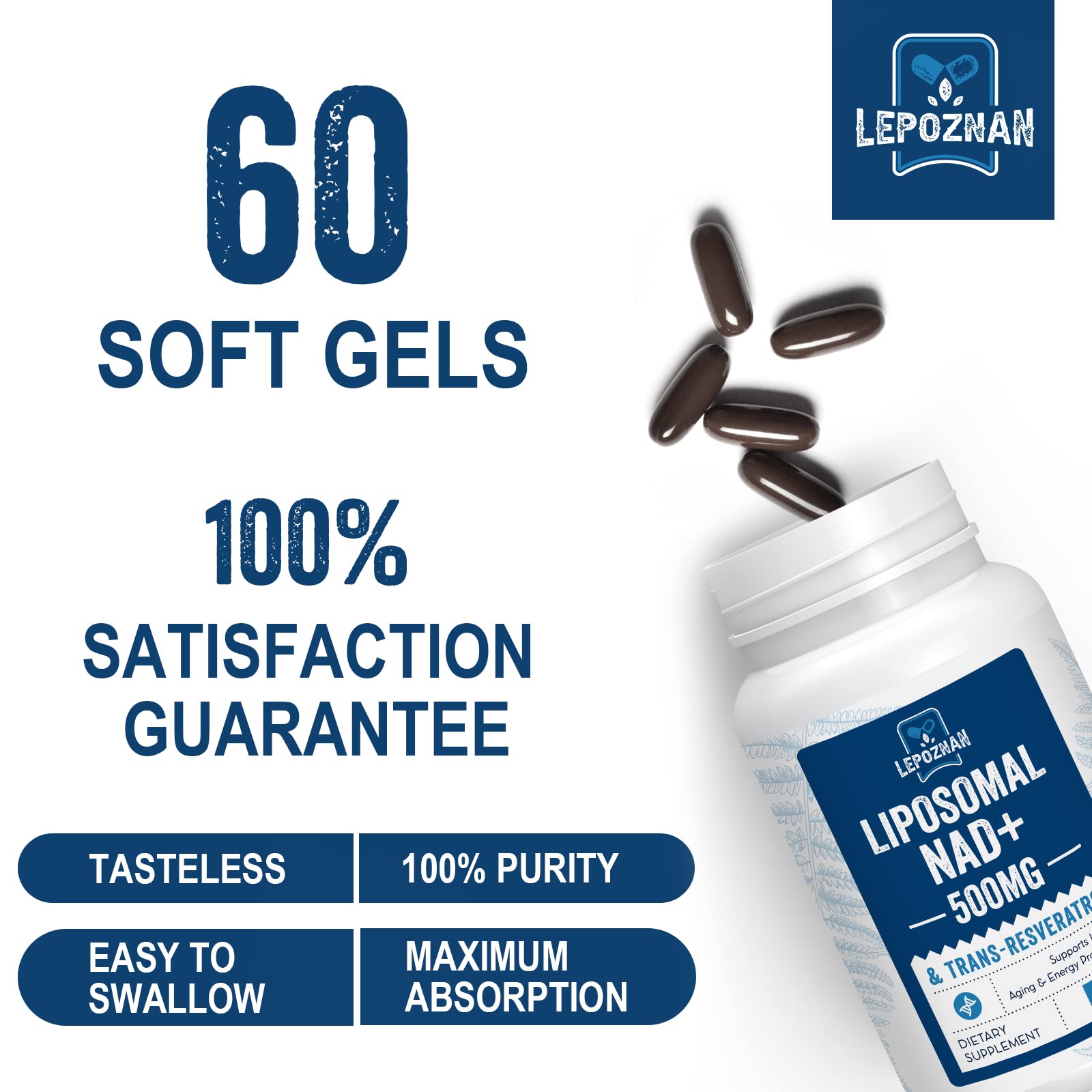 Liposomal NAD+ 500 mg + Trans-Resveratrol 300 mg, Superior Absorption True NAD Supplement Efficient for Cellular Energy Metabolism & DNA Repair, 60 Softgels