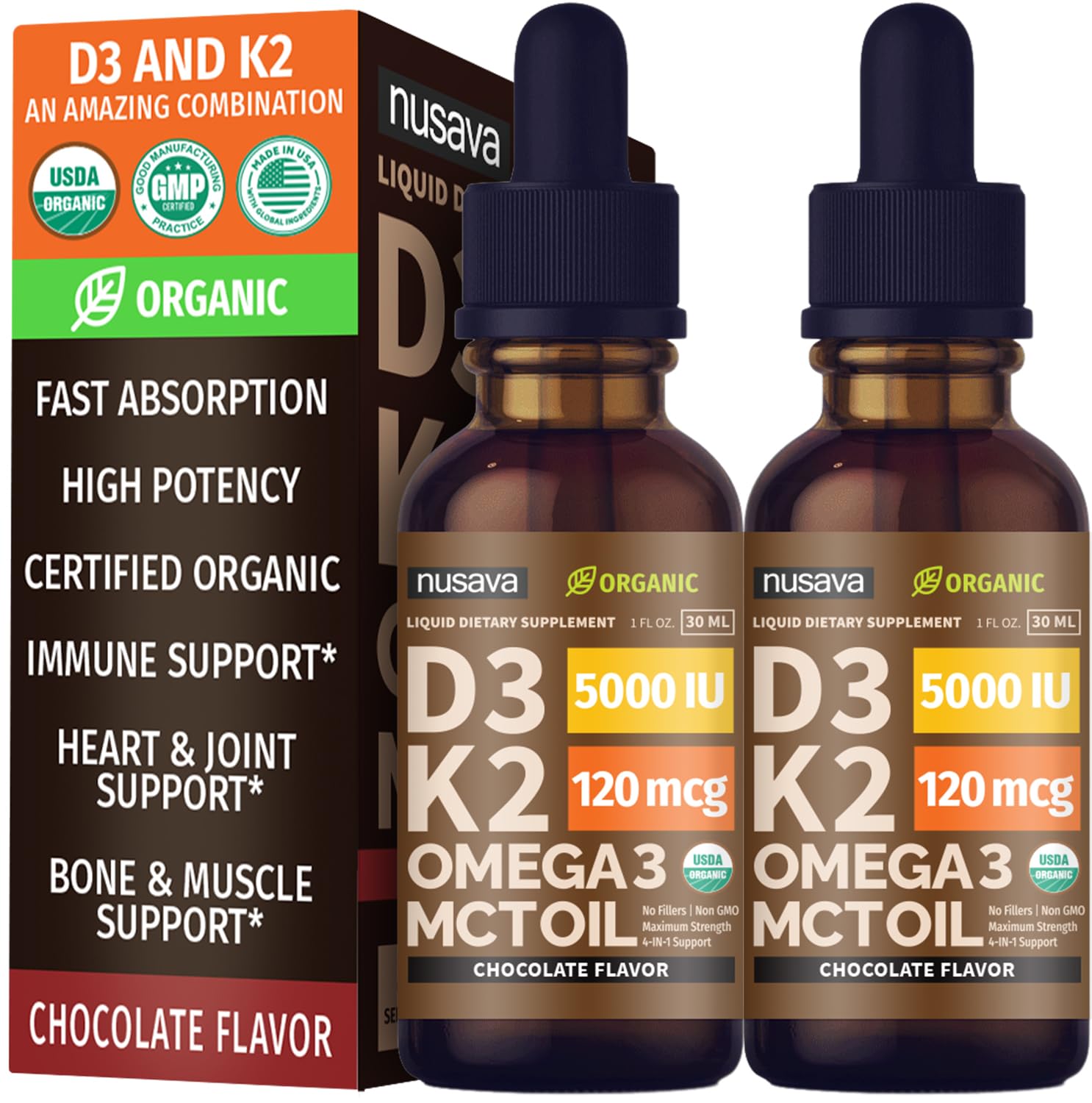 (2 Pack) Organic Vitamin D3 K2 Drops with MCT Oil Omega 3, 5000 IU, Maximum Strength Vitamin D Liquid, No Fillers, Non-GMO Liquid D3 for Faster Absorption and Immune Support (Unflavored, 2 Fl Oz)