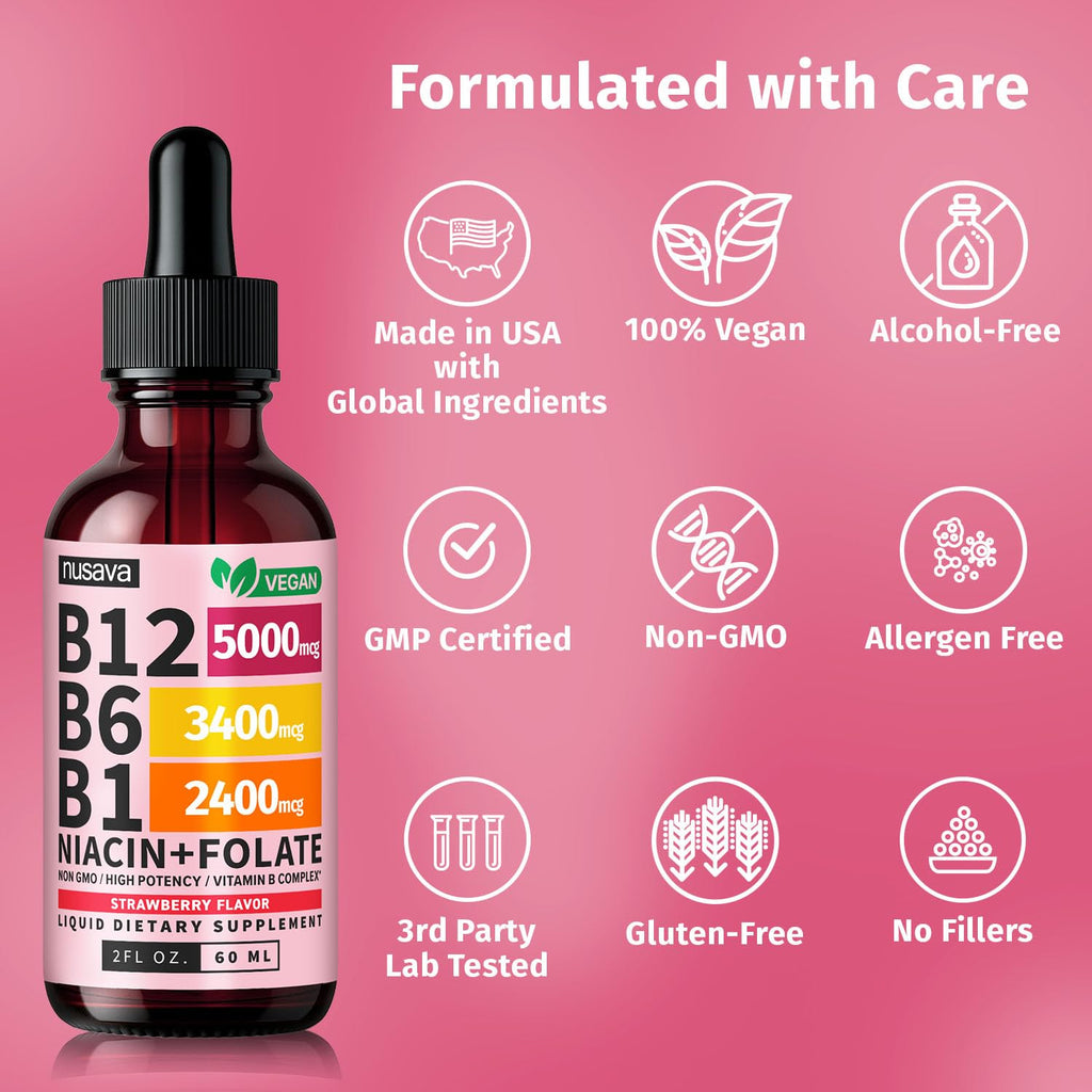 (2 Pack) Vitamin B12 and B6 Liquid Drops, B12 Sublingual Vitamin B Complex - B 12 Vitamin 5000mcg - B12 Methylcobalamin for Energy, Brain, and Heart Support with 27,200 mcg, Raspberry, 80 Servings