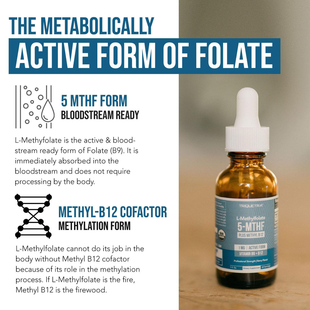 Organic Methyl Folate 1000 mcg + Methyl B12 Cofactor (300 Servings) – Metabolically Active 5-MTHF Form, Organic Berry Flavor, Liquid Sublingual Form – Mood, Cognition, Methylation, Pregnancy (1oz)