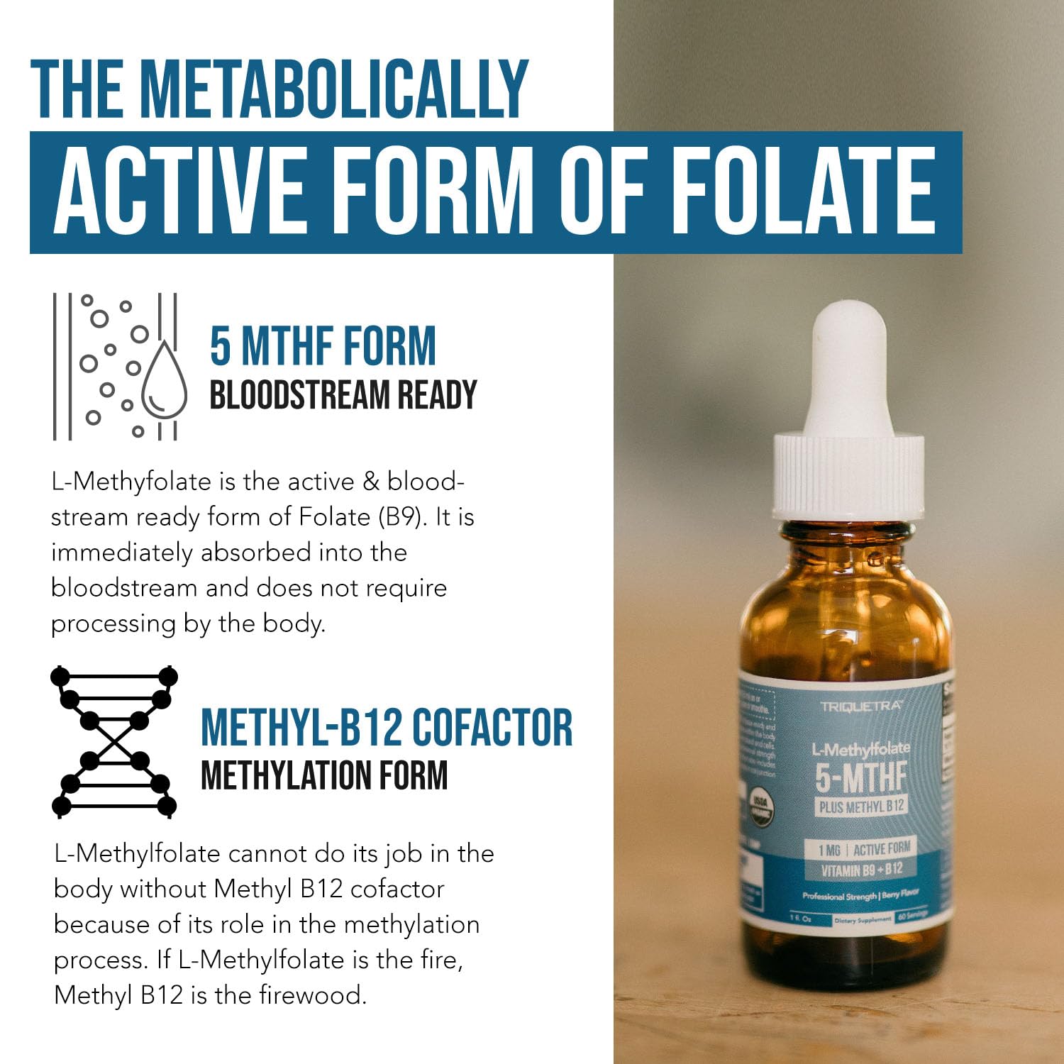 Organic Methyl Folate 1000 mcg + Methyl B12 Cofactor (300 Servings) – Metabolically Active 5-MTHF Form, Organic Berry Flavor, Liquid Sublingual Form – Mood, Cognition, Methylation, Pregnancy (1oz)