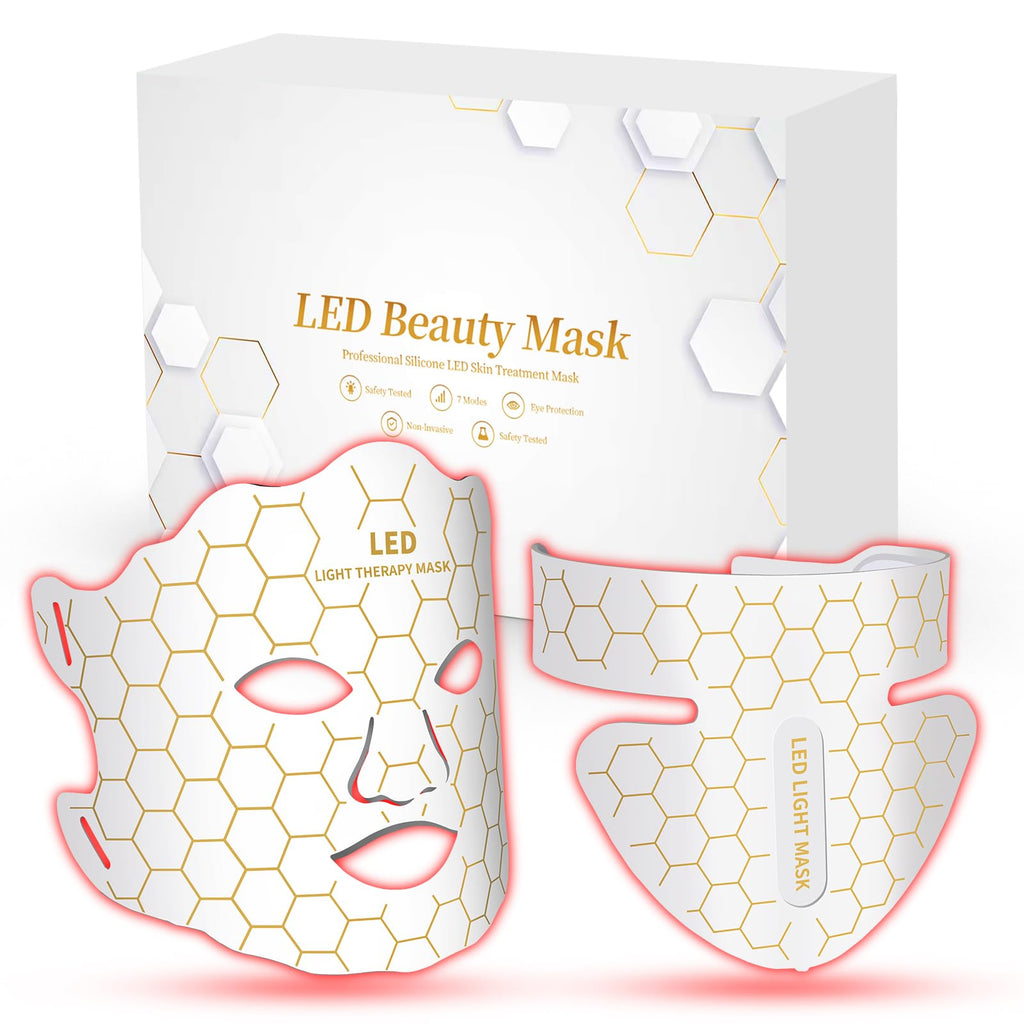Yahi Red Light Photon Facial & Neck Mask with Remote Control, 7 Custom Modes with Infrared, Portable & Rechargeable with Timer for Home Use, 175 High-Density Light Beads, Black