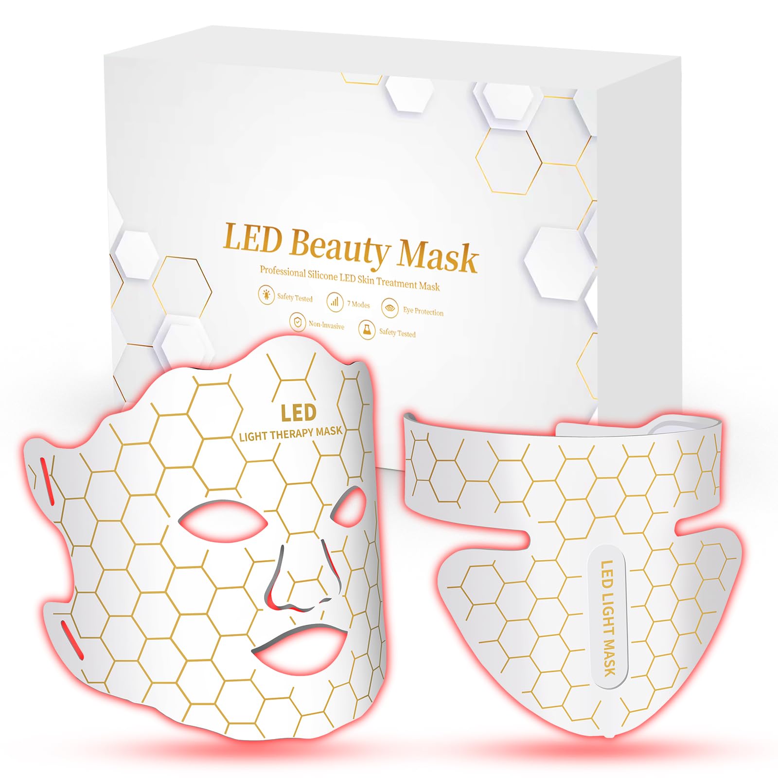 Yahi Red Light Photon Facial & Neck Mask with Remote Control, 7 Custom Modes with Infrared, Portable & Rechargeable with Timer for Home Use, 175 High-Density Light Beads, Black