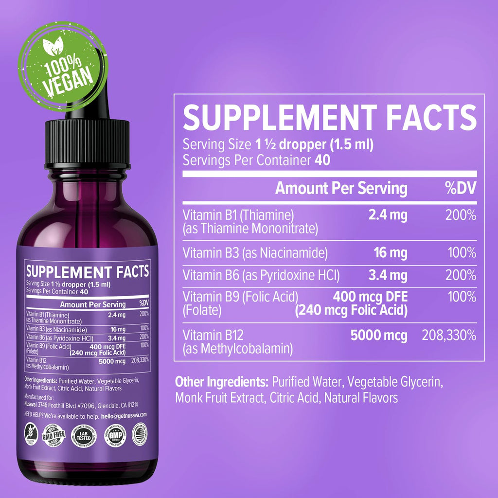 (2 Pack) Vitamin B12 and B6 Liquid Drops, B12 Sublingual Vitamin B Complex - B 12 Vitamin 5000mcg - B12 Methylcobalamin for Energy, Brain, and Heart Support with 27,200 mcg, Raspberry, 80 Servings