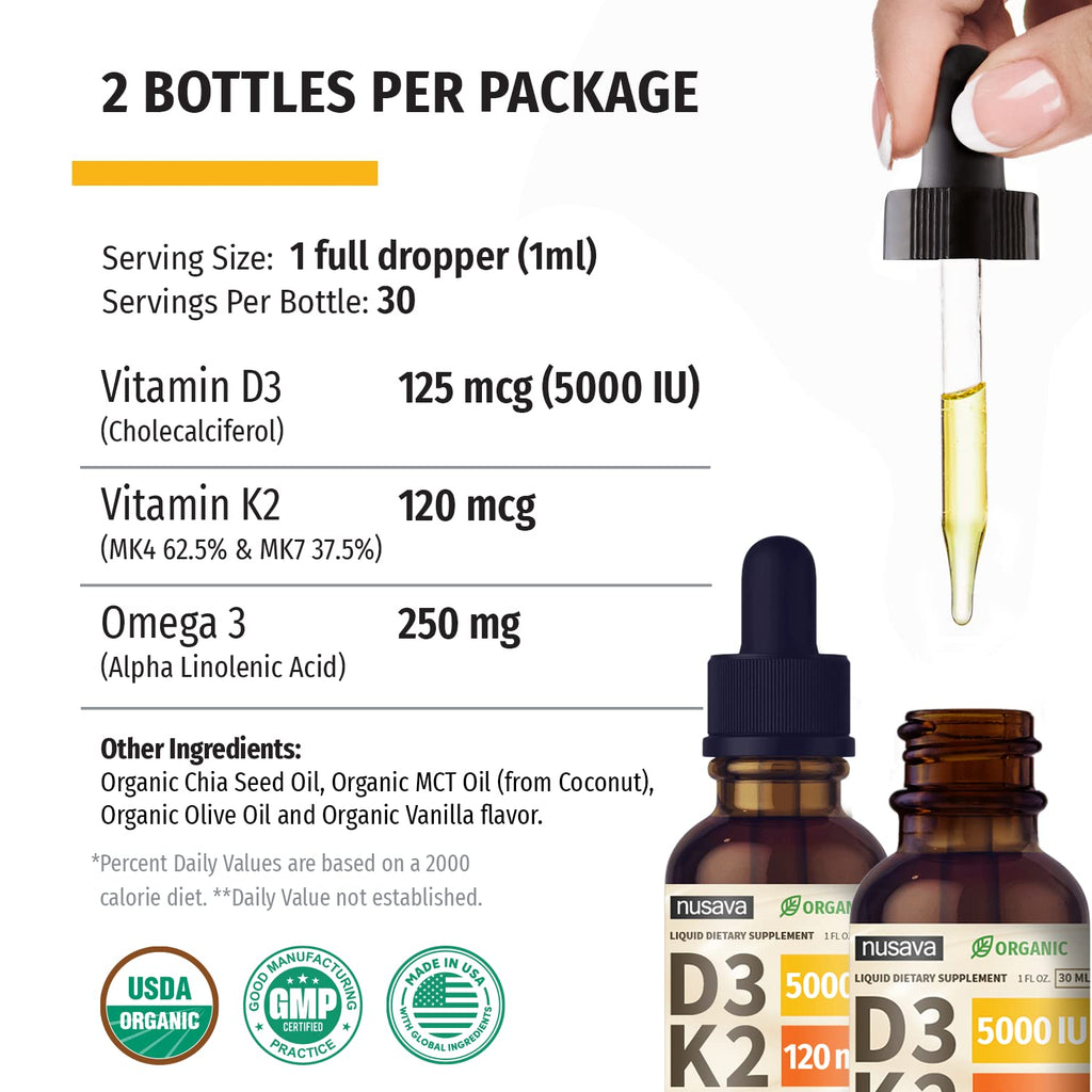 (2 Pack) Organic Vitamin D3 K2 Drops with MCT Oil Omega 3, 5000 IU, Maximum Strength Vitamin D Liquid, No Fillers, Non-GMO Liquid D3 for Faster Absorption and Immune Support (Unflavored, 2 Fl Oz)