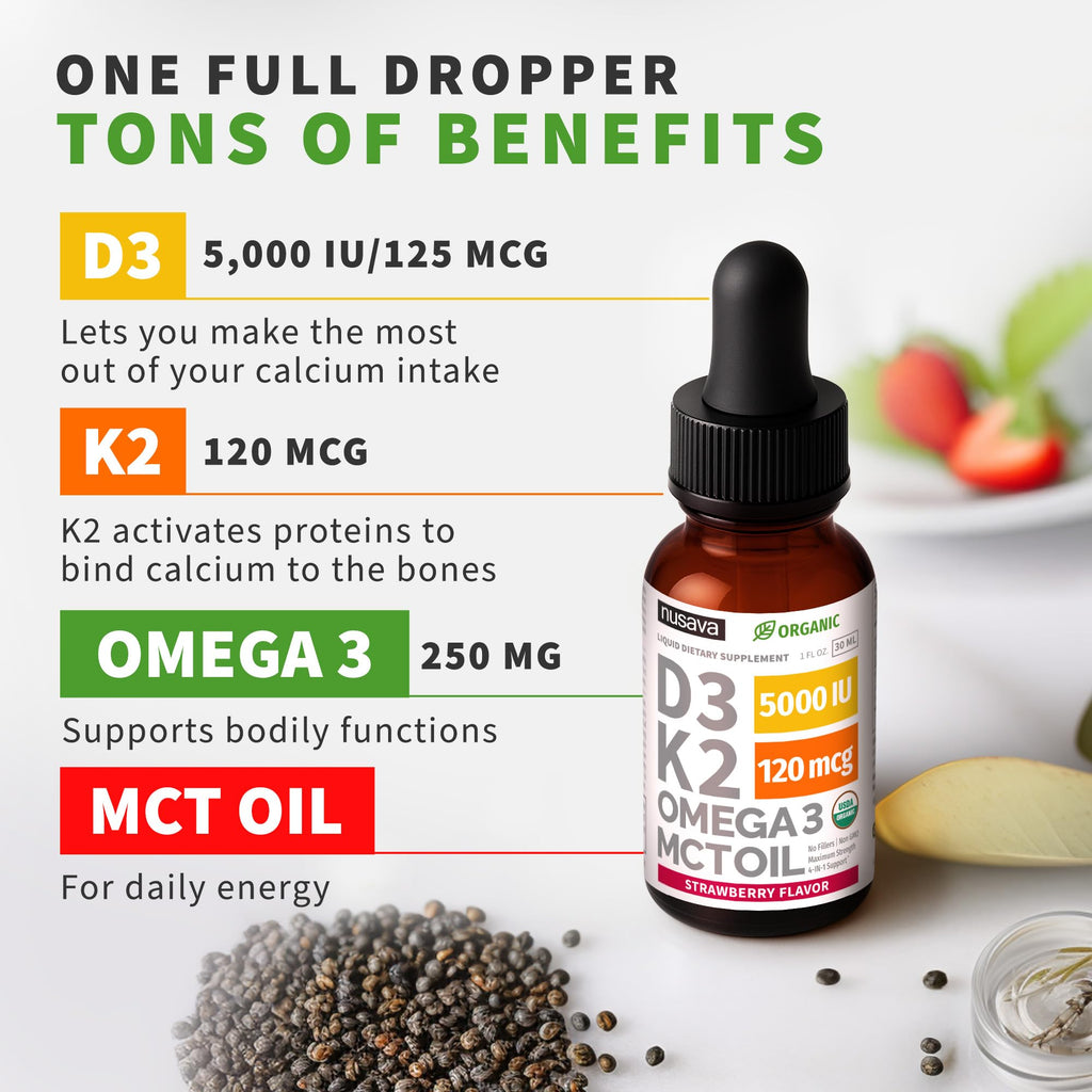 (2 Pack) Organic Vitamin D3 K2 Drops with MCT Oil Omega 3, 5000 IU, Maximum Strength Vitamin D Liquid, No Fillers, Non-GMO Liquid D3 for Faster Absorption and Immune Support (Unflavored, 2 Fl Oz)