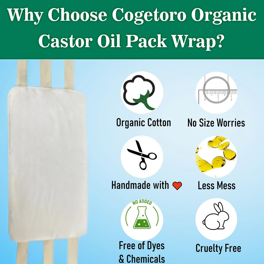 Castor Oil Pack Wrap Organic Cotton for Liver Detox, Stomach, Belly, Reusable Castor Oil Compress and Pack Kit with with Six Adjustable Straps