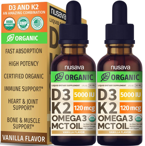 (2 Pack) Organic Vitamin D3 K2 Drops with MCT Oil Omega 3, 5000 IU, Maximum Strength Vitamin D Liquid, No Fillers, Non-GMO Liquid D3 for Faster Absorption and Immune Support (Unflavored, 2 Fl Oz)